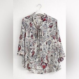 Anthropologie Conversations Balloon Print Blouse XS Tie Neck Button Front Top